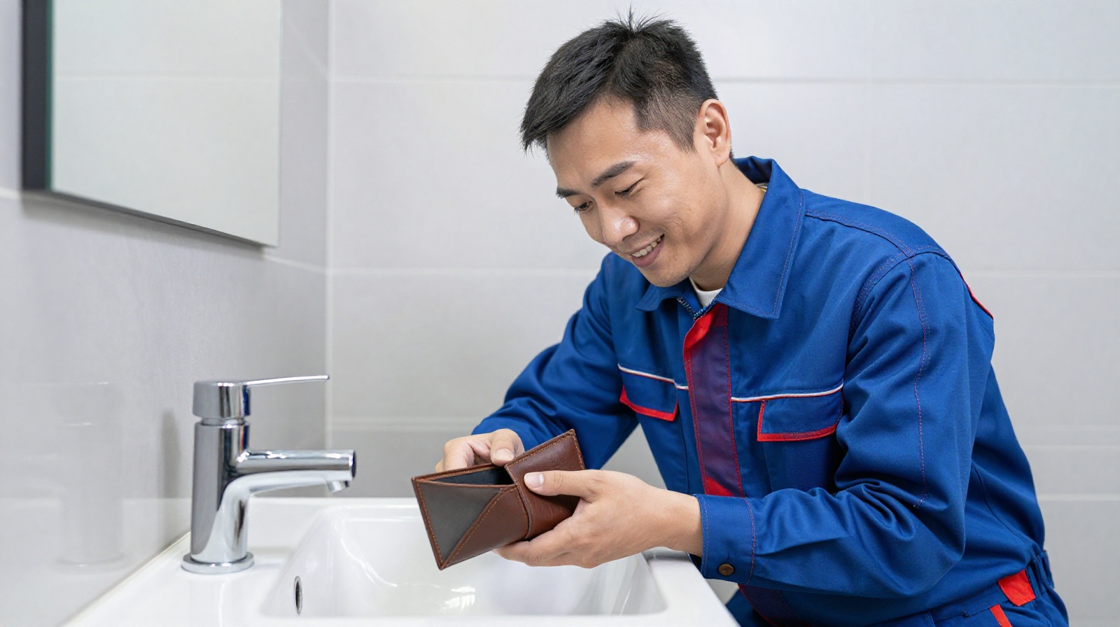 Professional plumber working on a sink in a Chinese apartment, demonstrating transparent service
