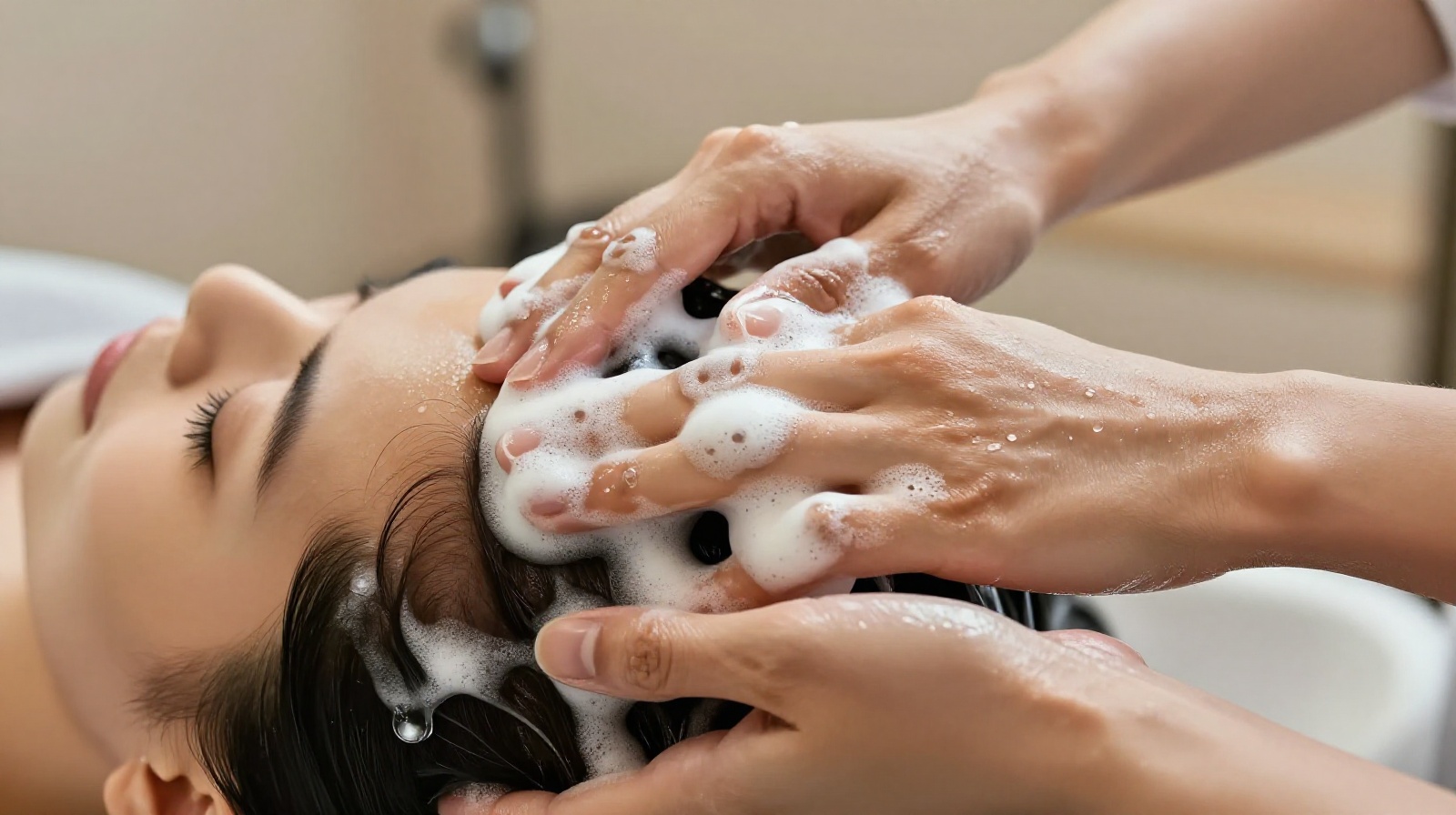 Close-up of a hair wash and head massage service at a Chinese salon, showing hands massaging shampoo into a customer's scalp.