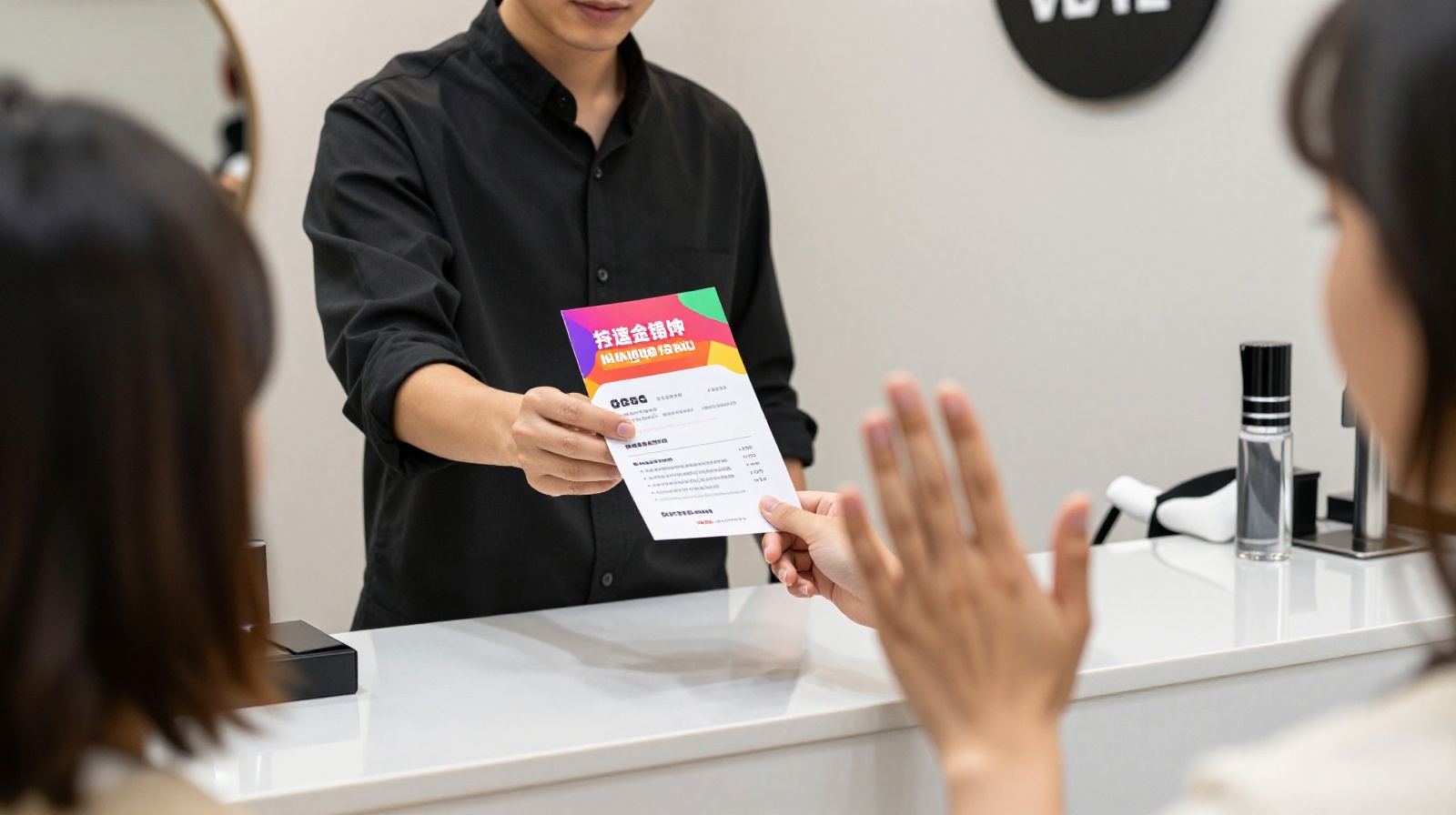 A customer politely declining a prepaid membership card offer at a Chinese hair salon counter.