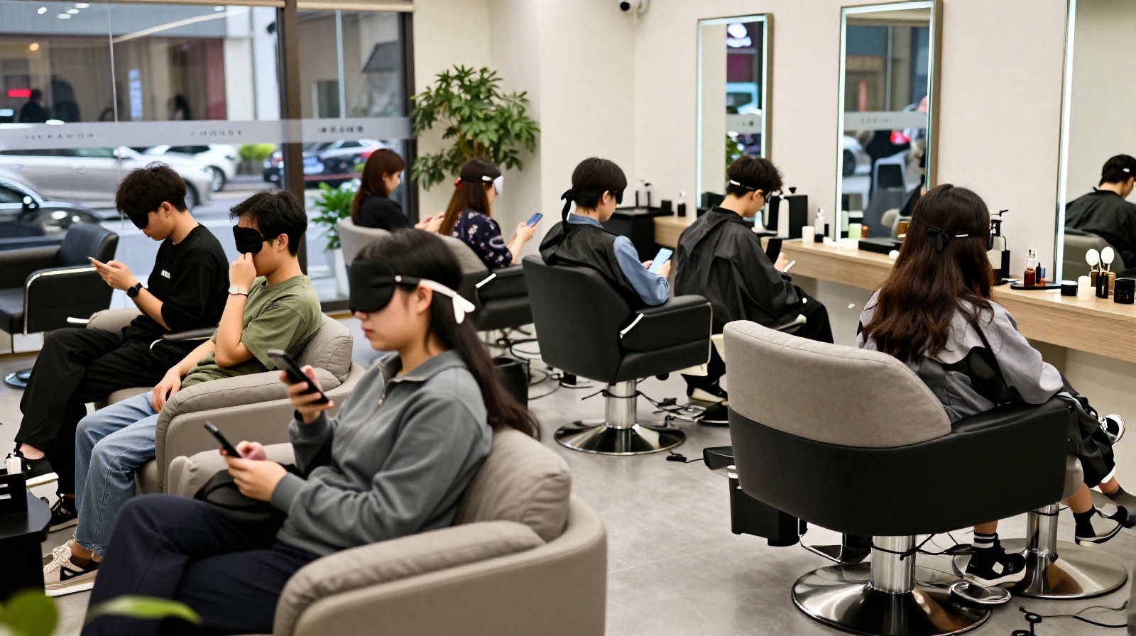 Customers relaxing and using their phones in the waiting area of a typical Chinese hair salon.