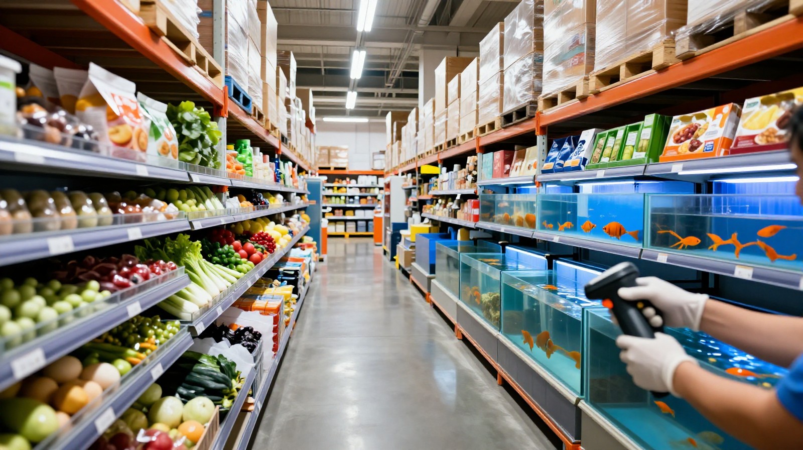 Interior view of a dark store warehouse for grocery delivery in China, showing organized shelves and staff processing orders.
