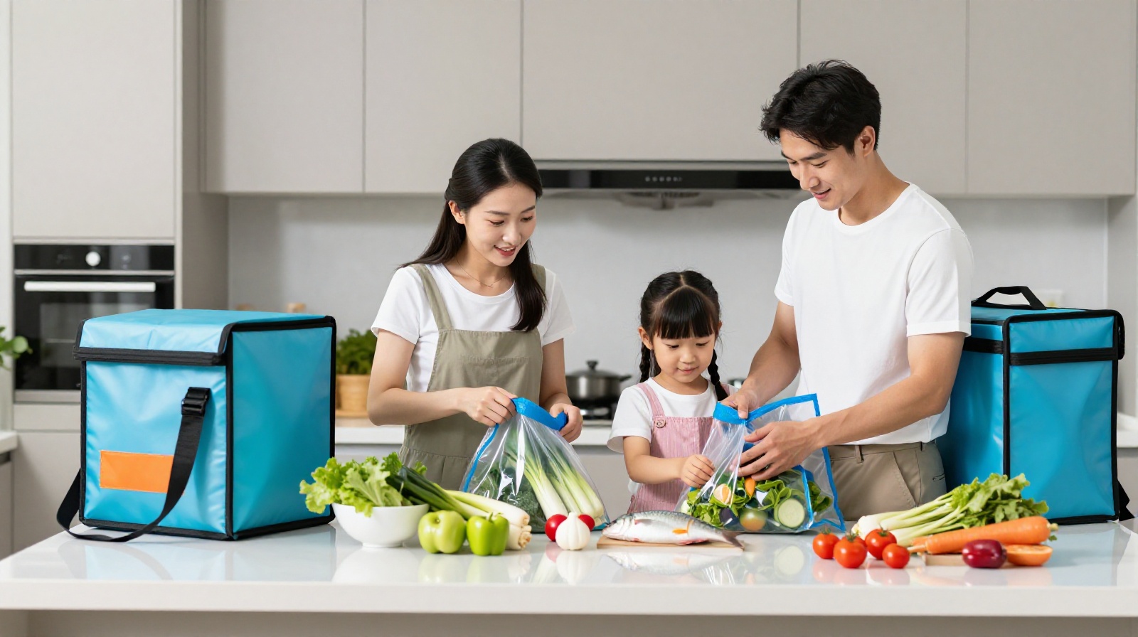 Young professionals unpacking fresh groceries delivered by an app in their modern apartment kitchen.