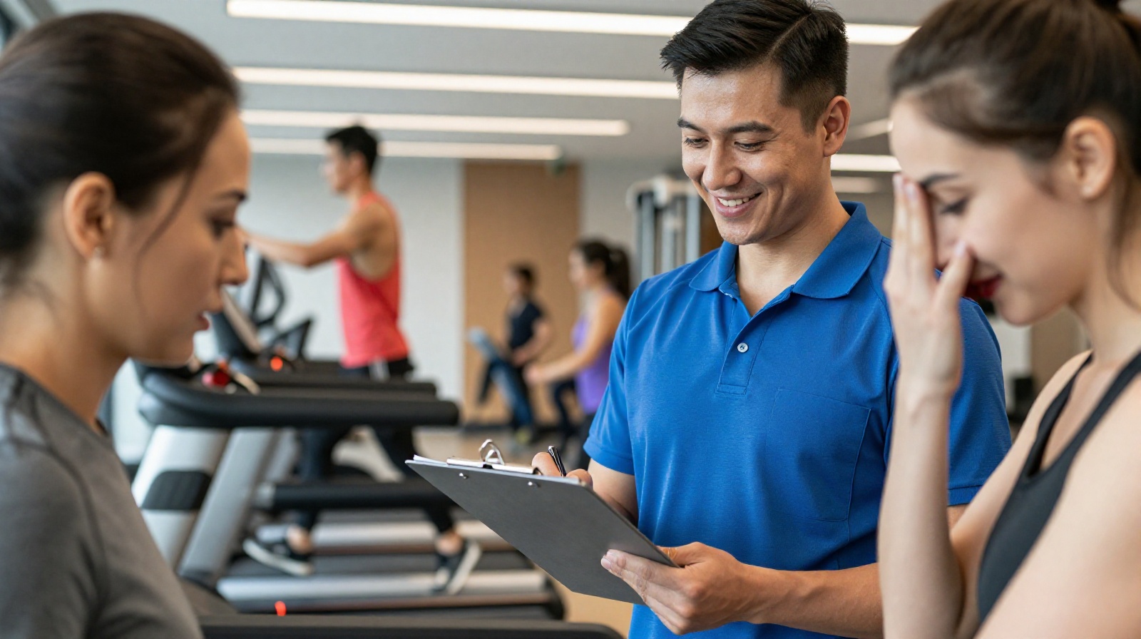 A fitness trainer in China presenting a membership plan to a customer in the gym lobby
