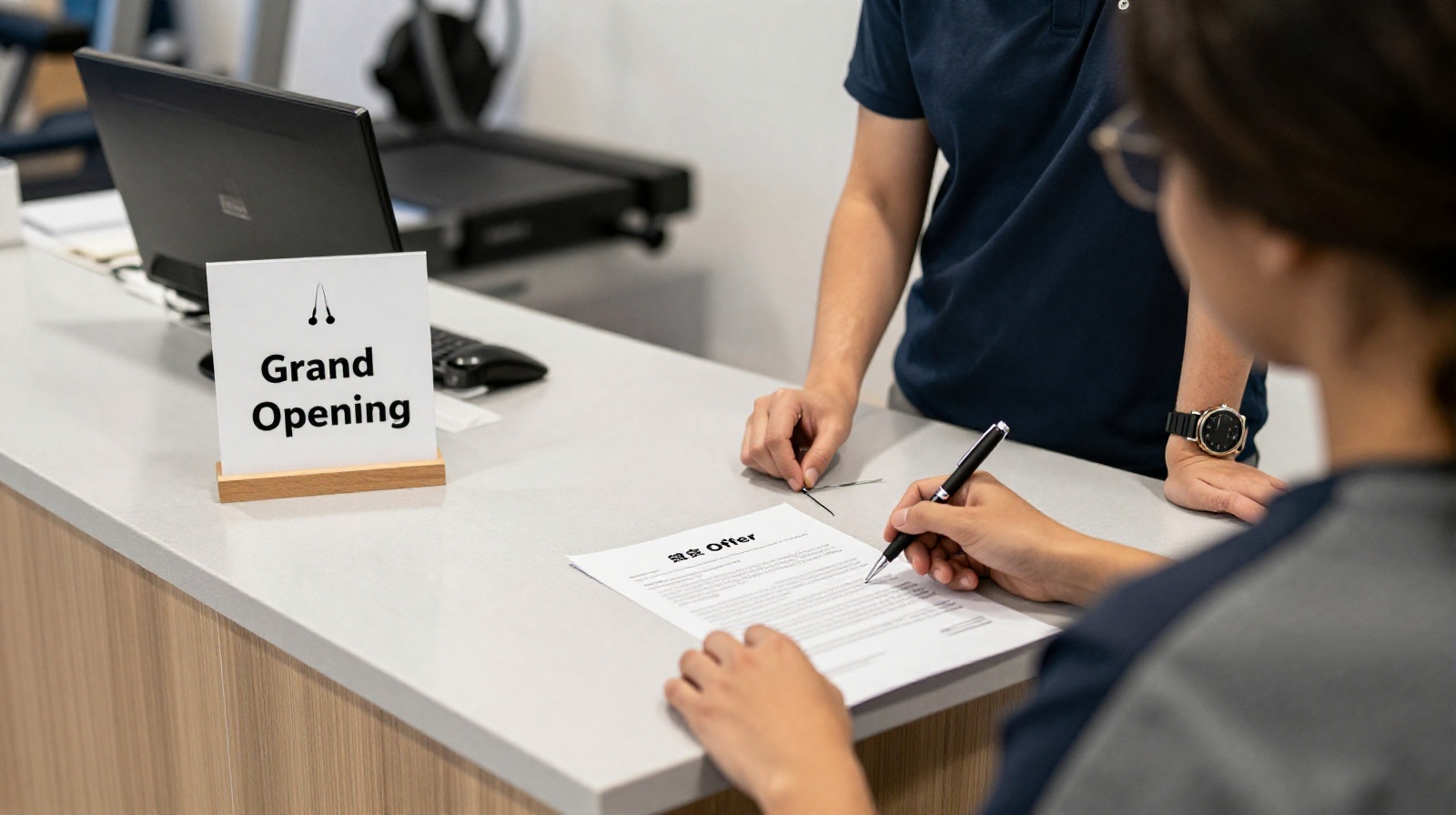 Customer reviewing a gym membership contract at the reception desk in China