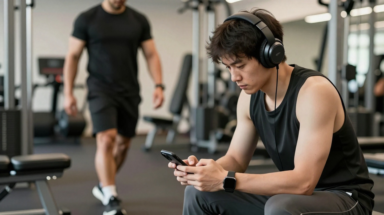 Gym goer using headphones to signal they do not want unsolicited advice from trainers