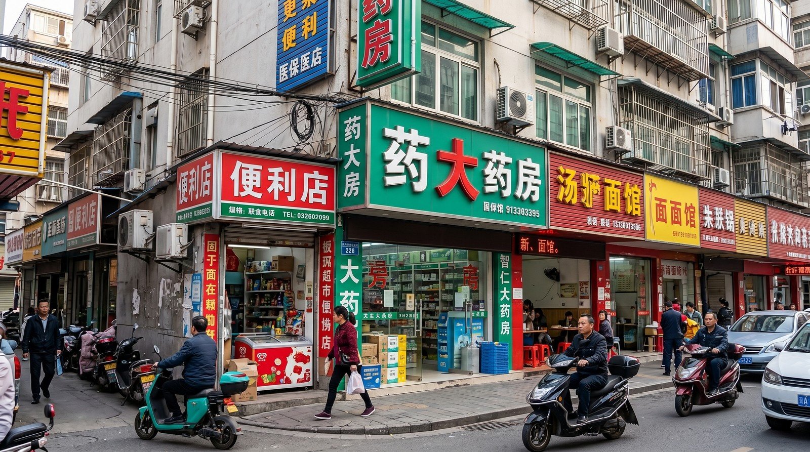 Exterior view of a busy chain pharmacy on a Chinese city street, located next to a convenience store