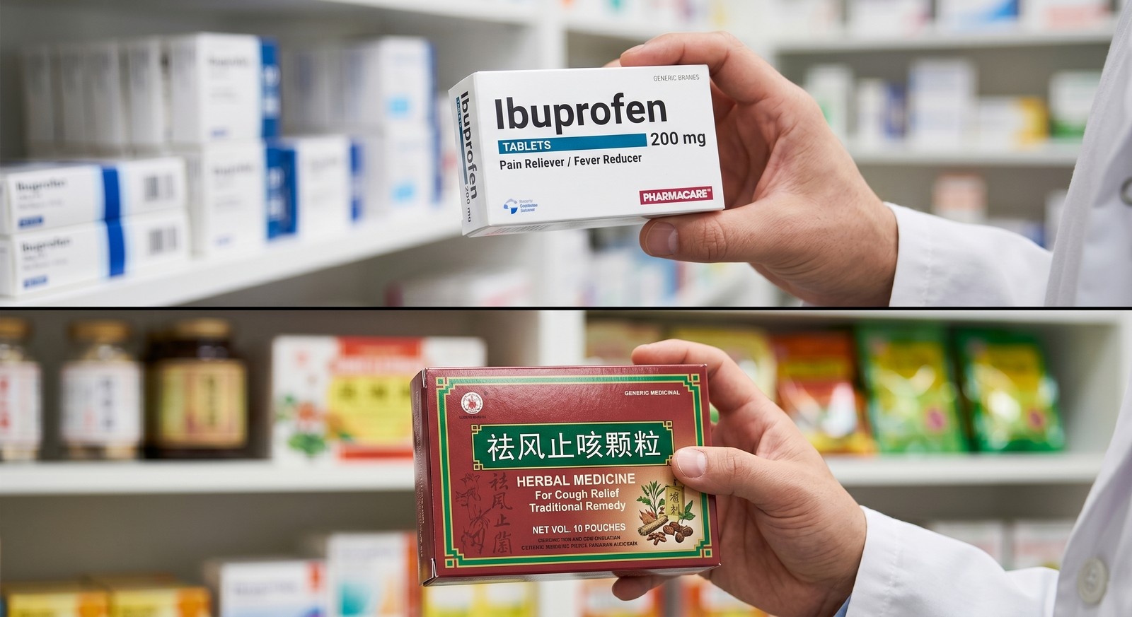 Comparison between Western painkiller packaging and Traditional Chinese Medicine herbal remedy boxes