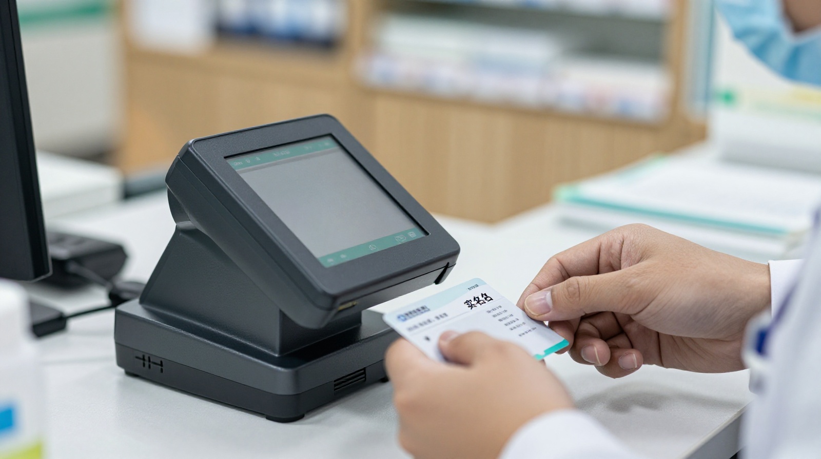 Pharmacist processing a real-name registration for medication purchase using a digital scanner