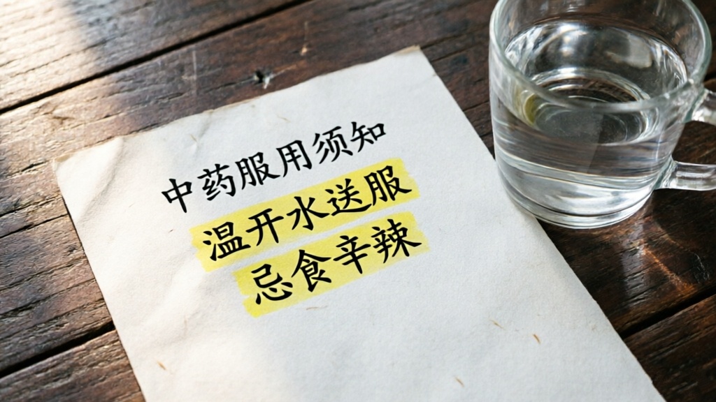Chinese medicine instructions highlighting key terms like warm water and dietary restrictions, photographed on a wooden desk.