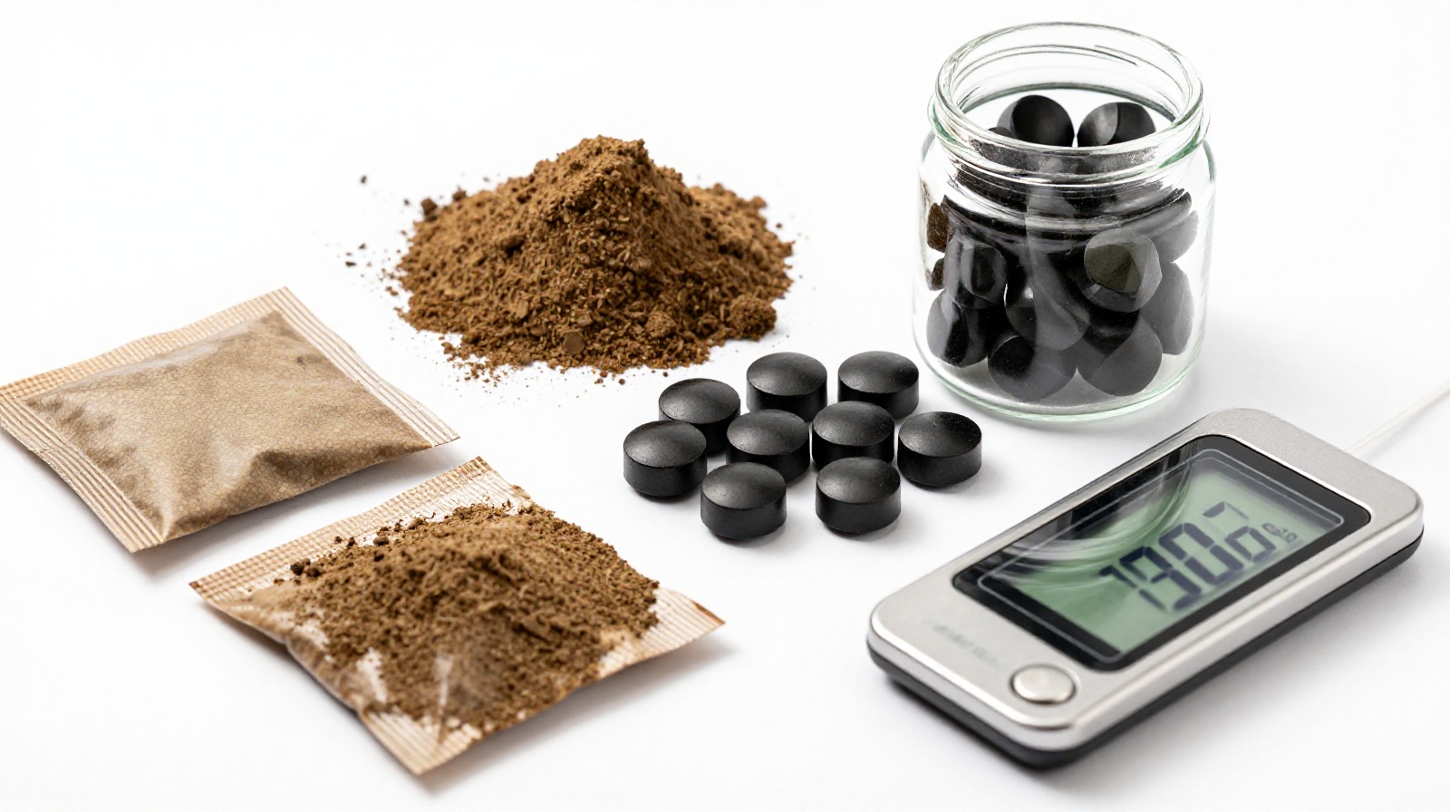 Different forms of traditional Chinese medicine including granule packets and water-honeyed pills with a measuring scale.