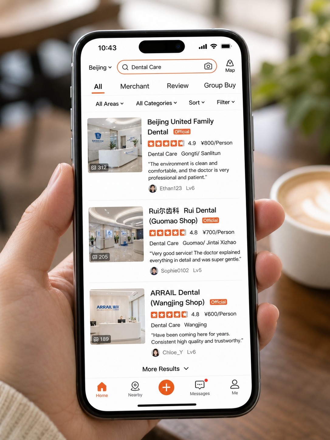 Smartphone displaying the Dianping app searching for dental clinics in China, showing user ratings and reviews