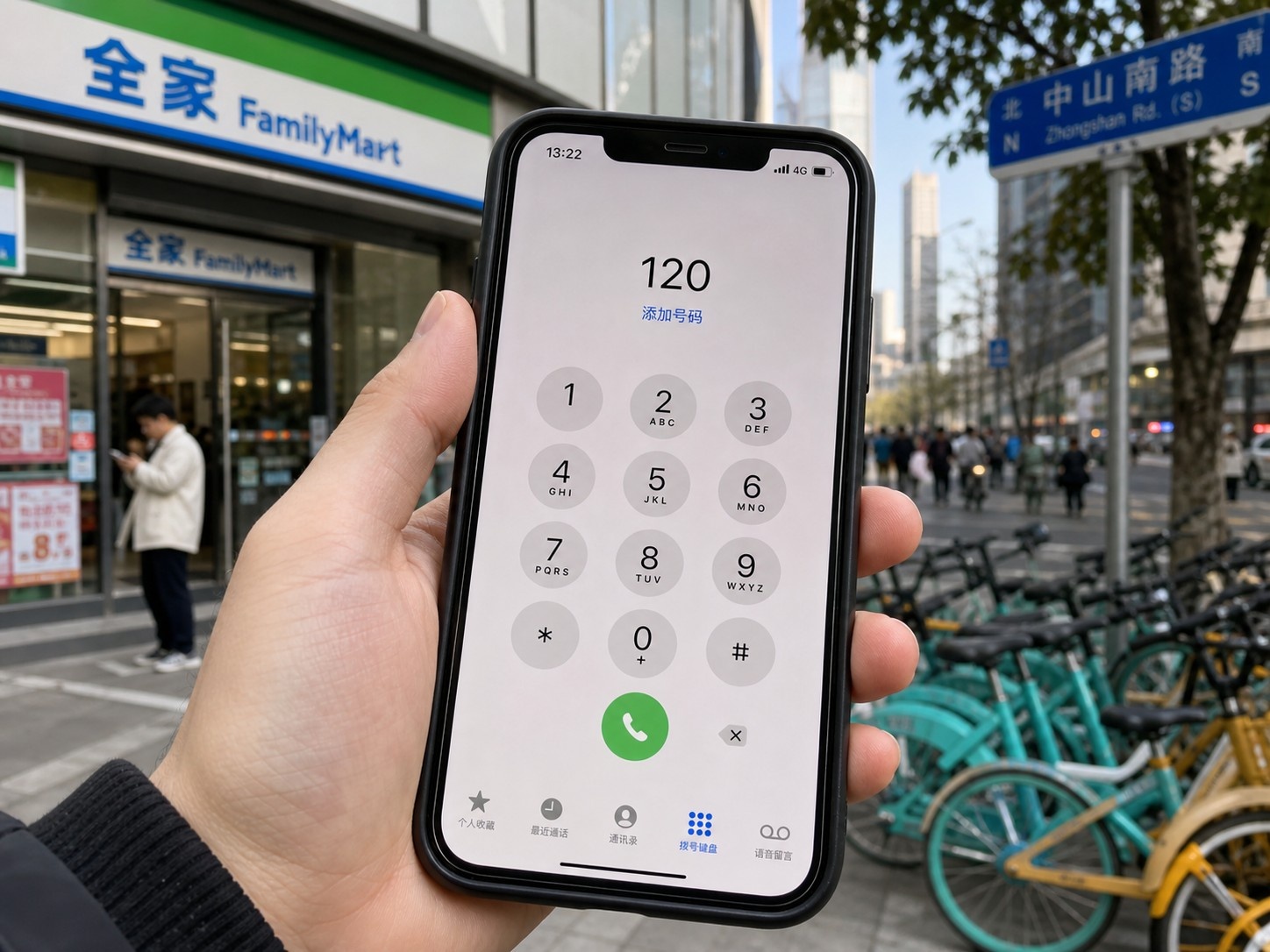 Close up of a person using a smartphone to call emergency number 120 in an urban Chinese setting