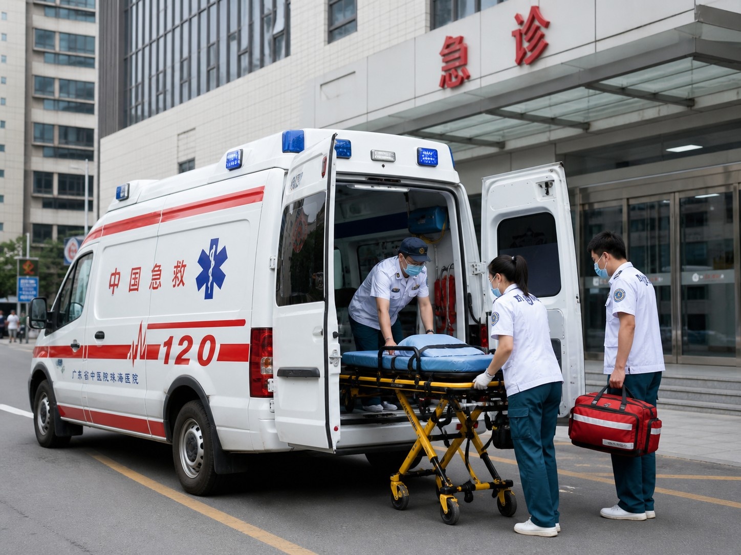 Chinese emergency medical technicians loading equipment into an ambulance on a city street