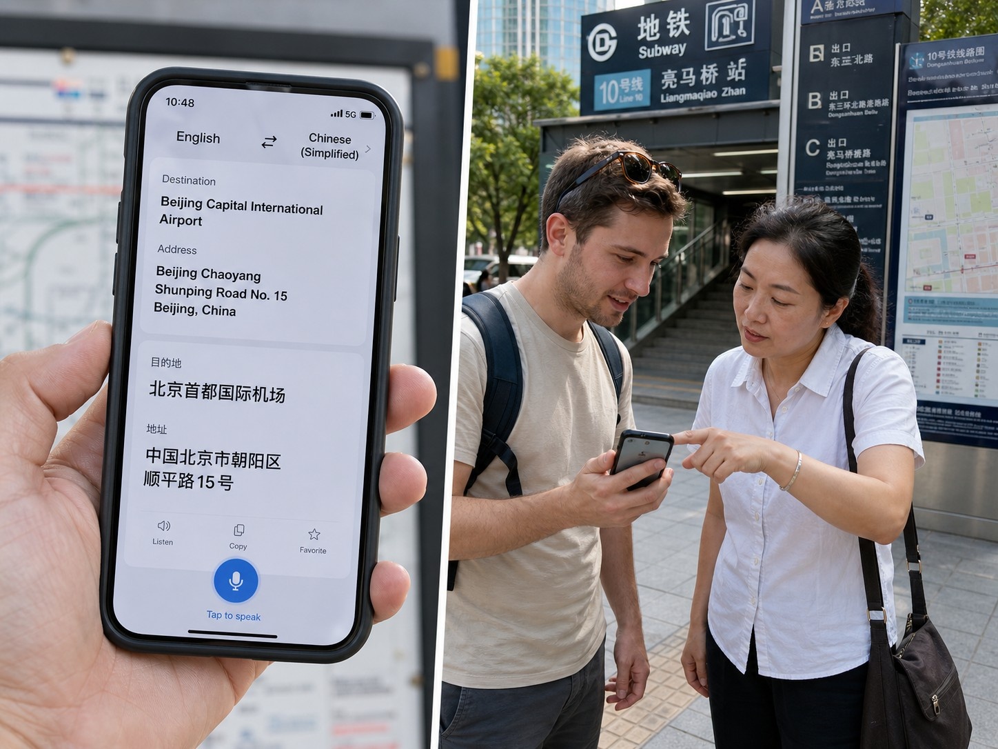 Tourist using a translation app to communicate location details with a local in China