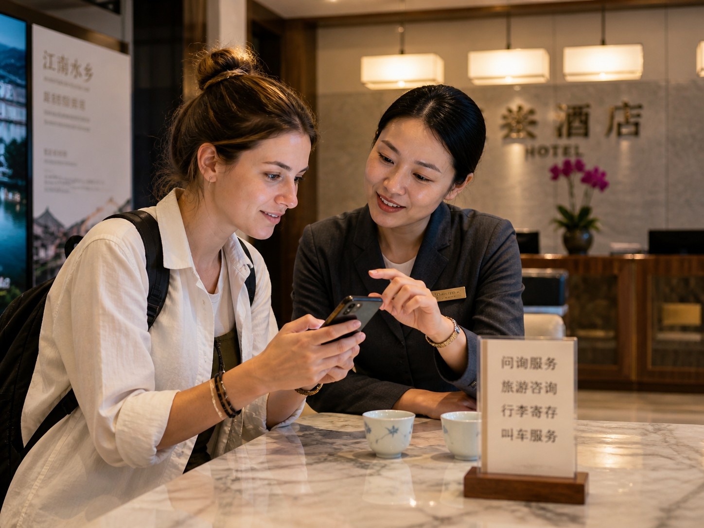 Hotel staff assisting a foreign tourist with making an emergency phone call