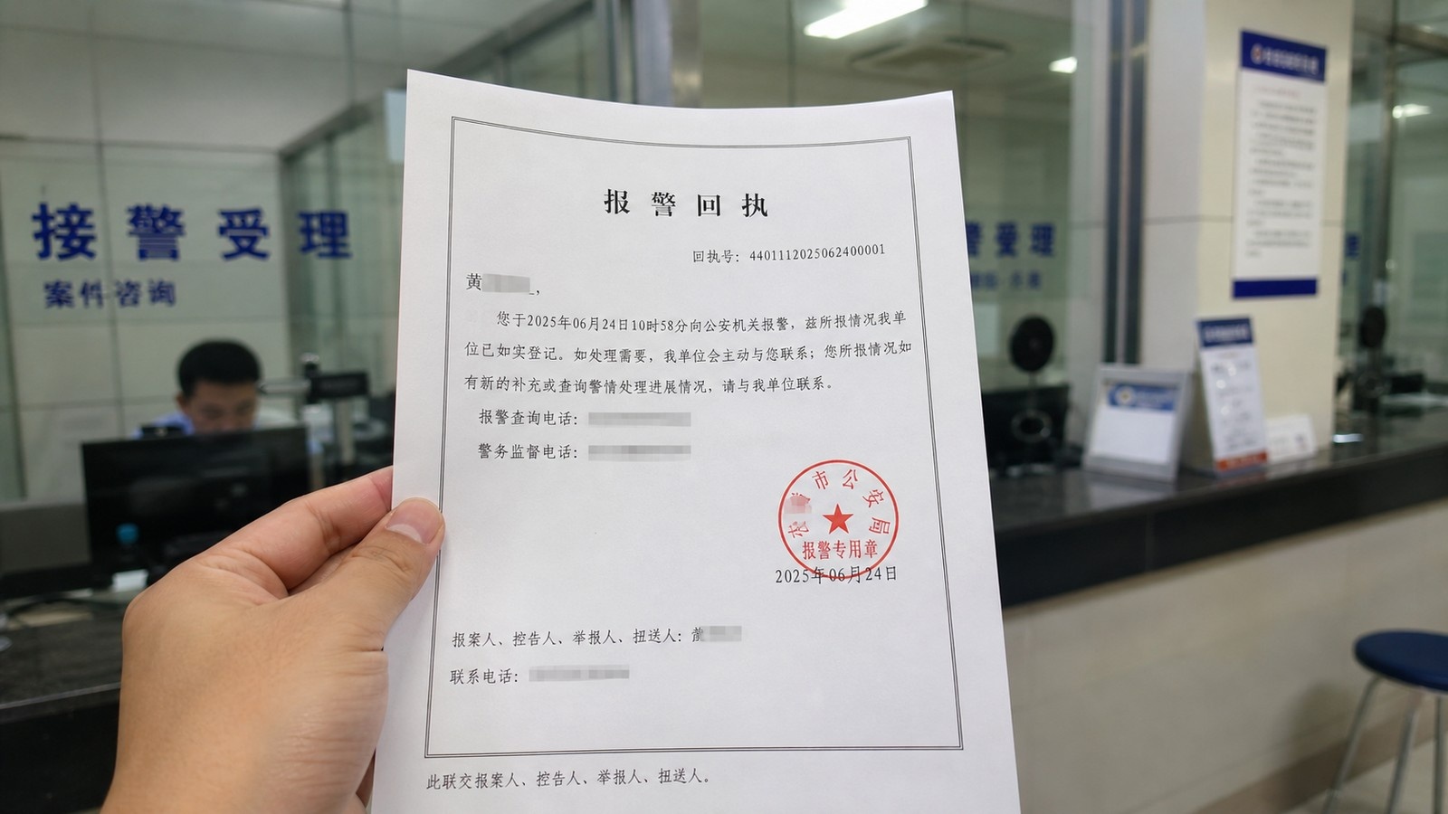 A traveler holding the official police report document needed after losing a passport in China.