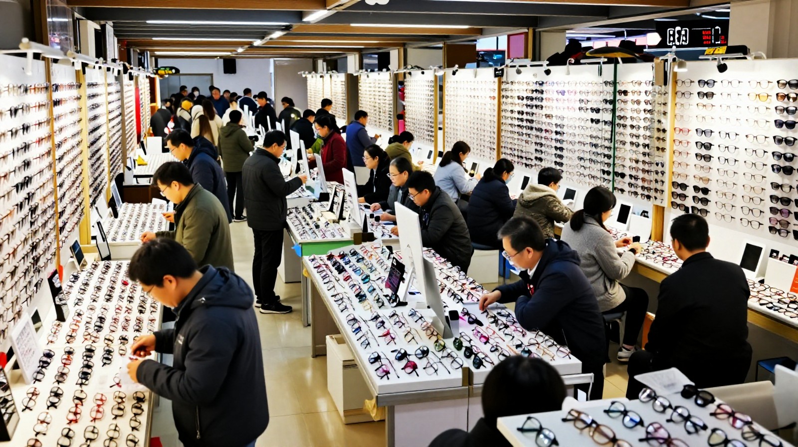 Interior view of a large wholesale optical market in China showing rows of densely packed shops selling eyewear.