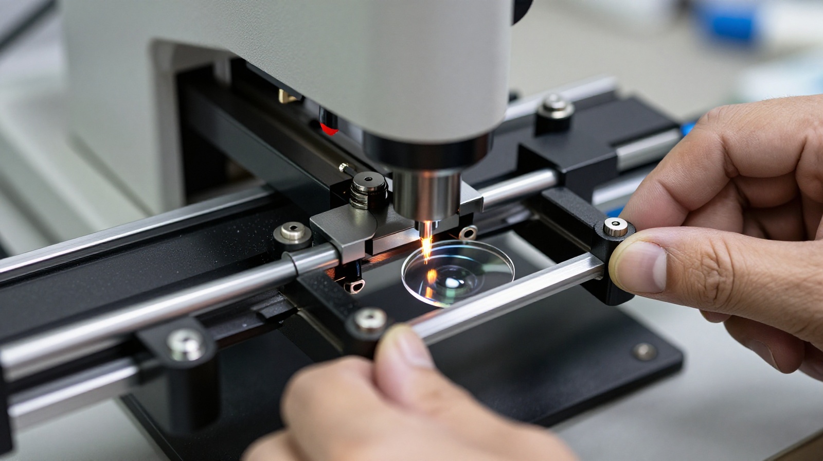 Technician using a digital lens edging machine to cut prescription lenses for glasses in a Chinese optical shop.