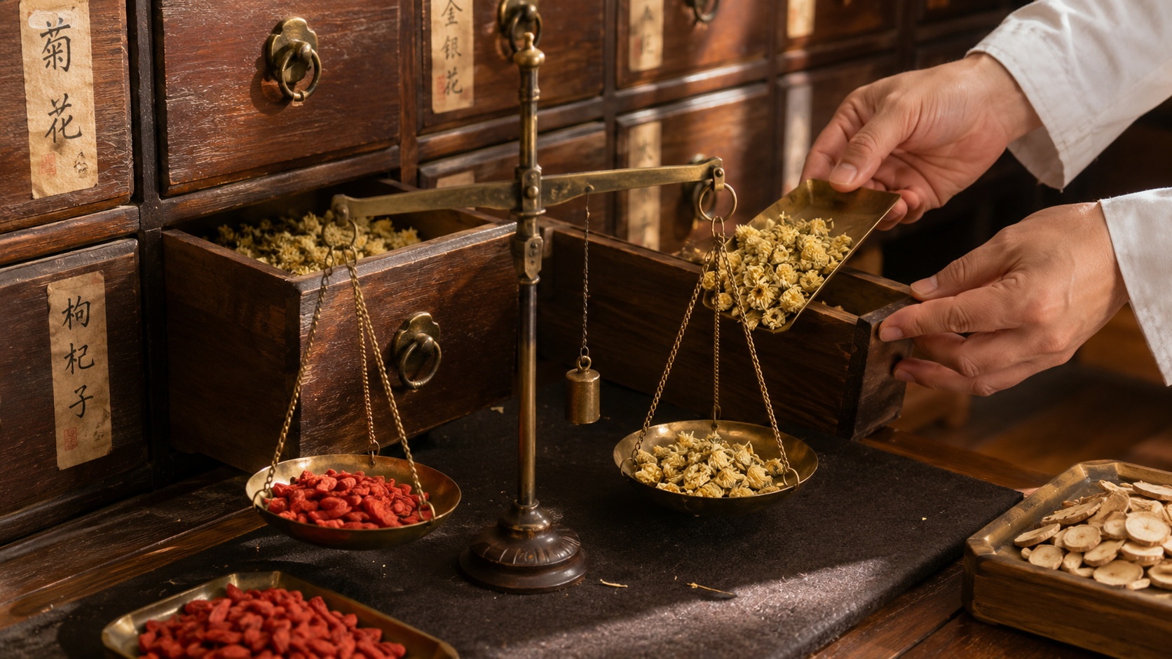 Close-up of a traditional brass scale being used to weigh Chinese herbal medicine in a pharmacy