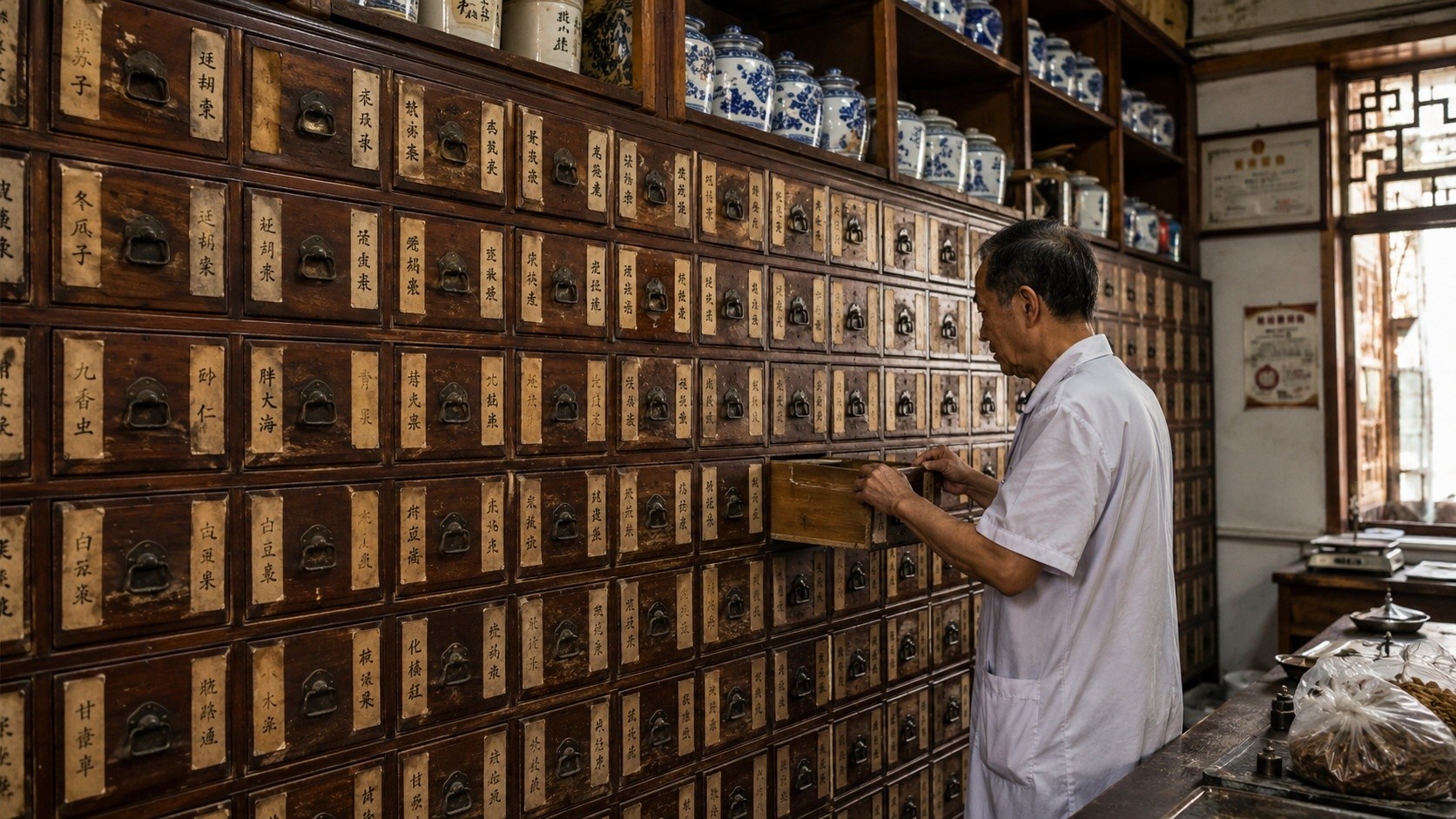 A wall of labeled wooden drawers used for storing traditional Chinese herbs in a pharmacy