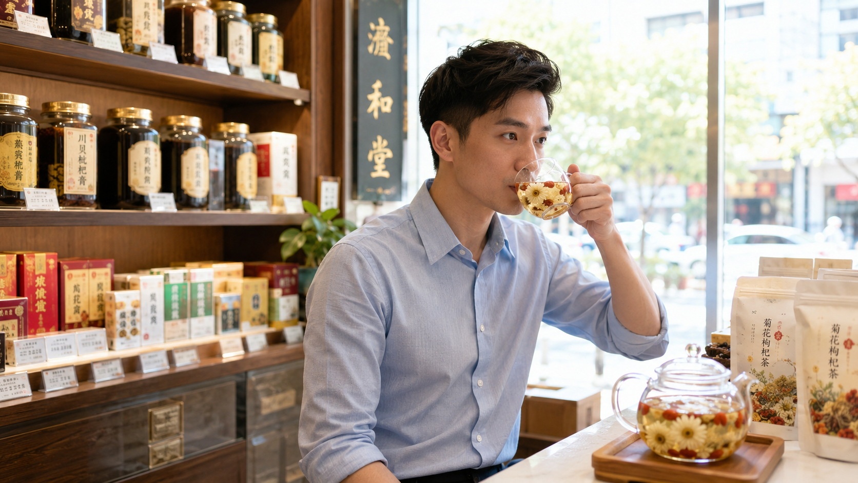 A customer enjoying a mild herbal wellness tea at a modern Chinese medicine pharmacy