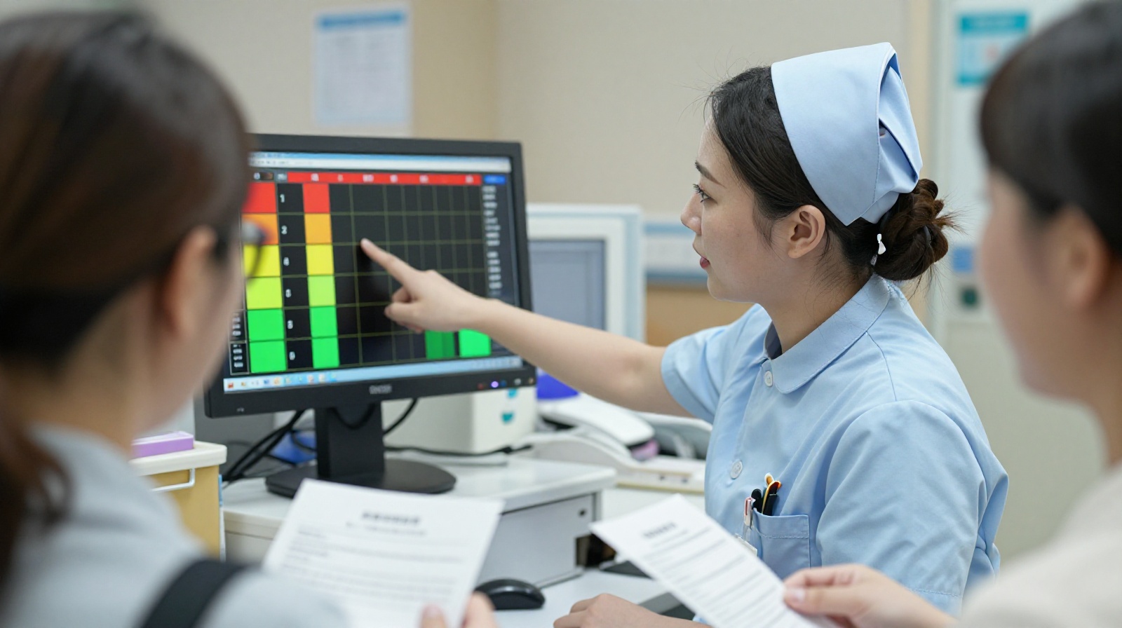 Nurse conducting triage at a Chinese public hospital emergency department using a color-coded priority system.