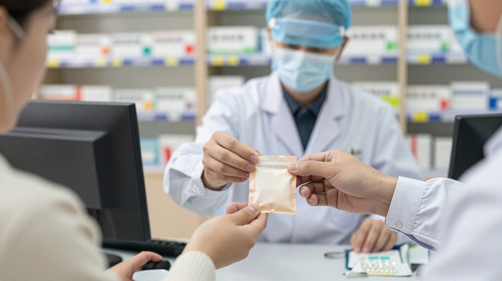 Patient receiving prescription medication from a hospital pharmacy counter in China.
