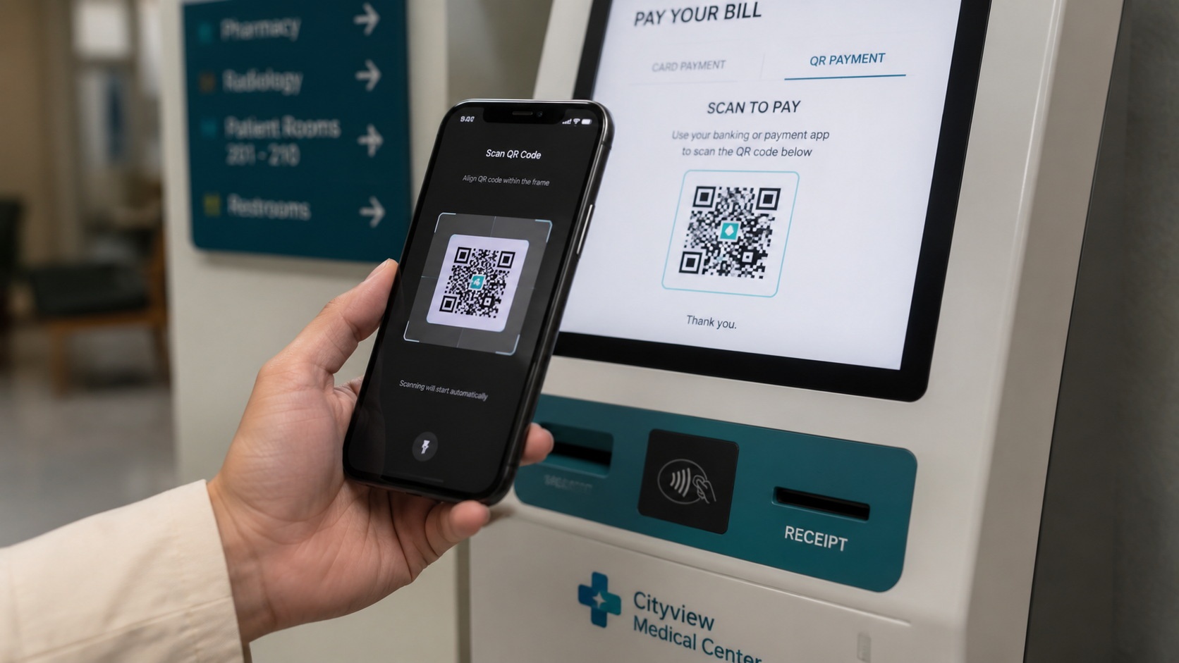 A patient using their smartphone to scan a QR code for medical payment at a Chinese hospital kiosk