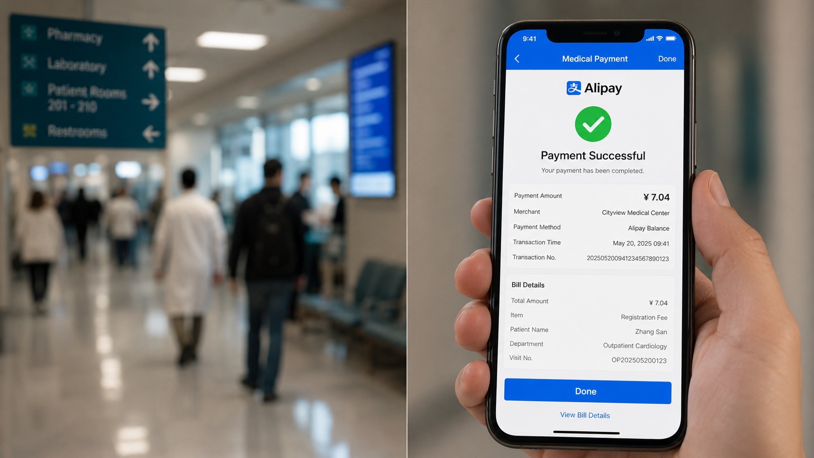Smartphone screen displaying a successful medical payment confirmation via Alipay in a Chinese hospital app