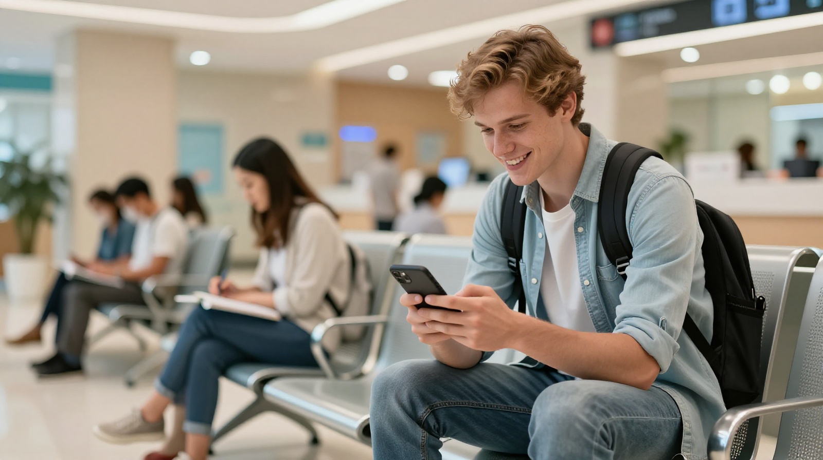 An expat or tourist relaxing in a Chinese hospital waiting area using mobile payment apps