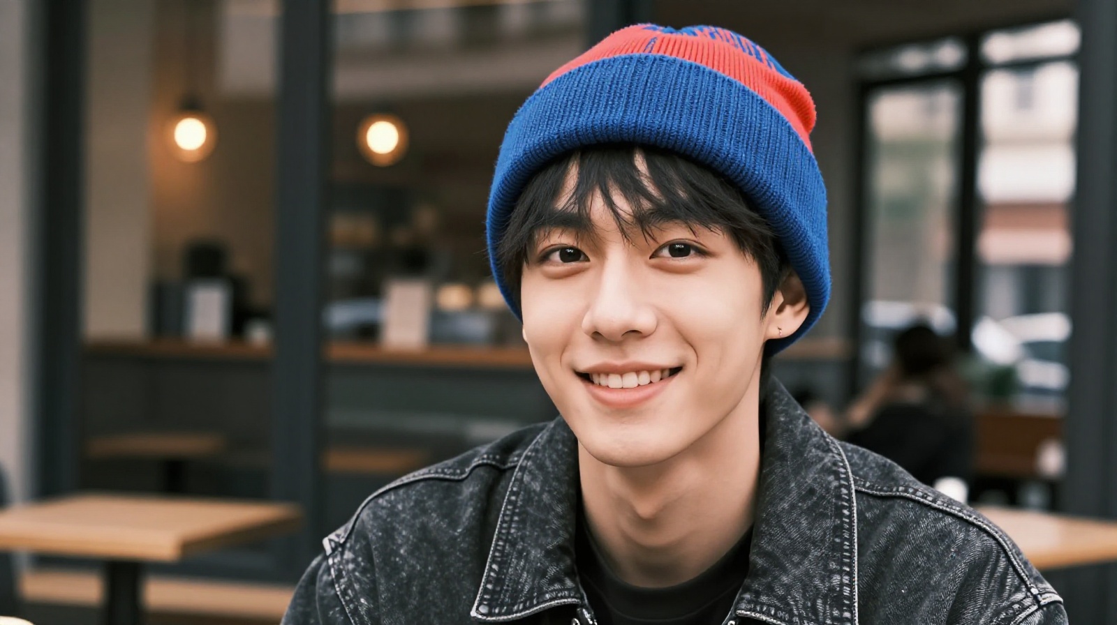A young man in Shanghai wearing a red beanie hat, illustrating safe fashion choices compared to the taboo green hat