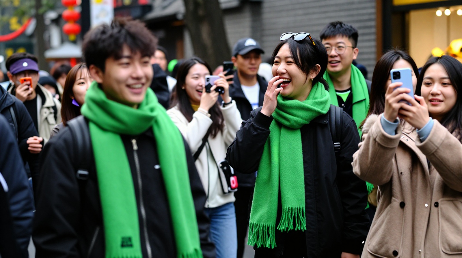 Young Chinese fashion enthusiasts wearing neon green jackets and accessories in a bustling city street