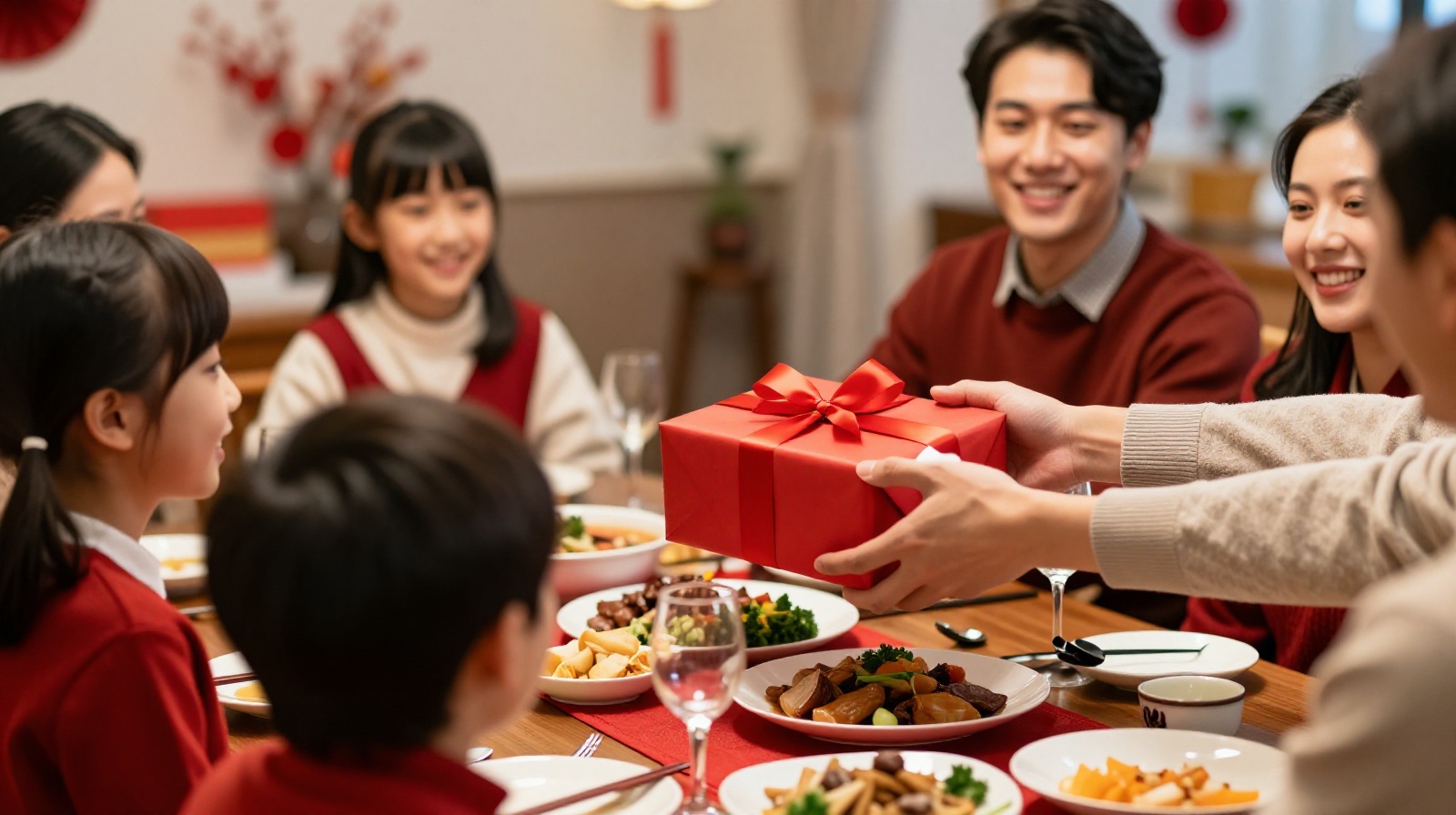 A friendly exchange of red-wrapped gifts at a Chinese family gathering, highlighting positive color symbolism