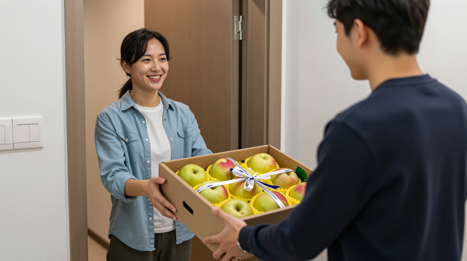 A guest presenting a box of premium fruit as a traditional hostess gift in China.