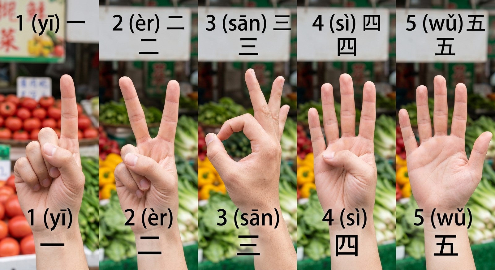 Hand gestures in China showing numbers 1 to 5 using specific finger configurations common in markets