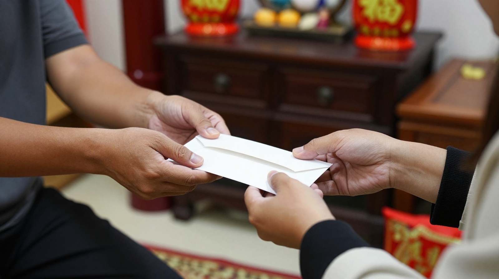 Guests exchanging a white envelope for funeral monetary gifts (bai jin) in a traditional Chinese mourning setting.