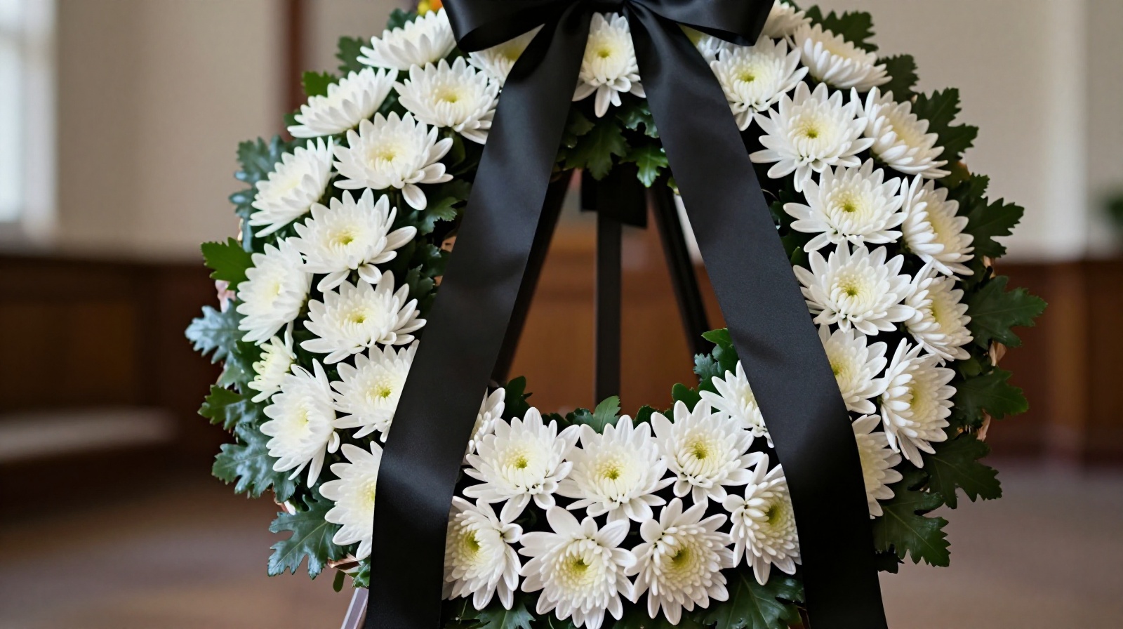 White chrysanthemum wreaths displayed at a Chinese funeral, symbolizing grief and respect for the deceased.