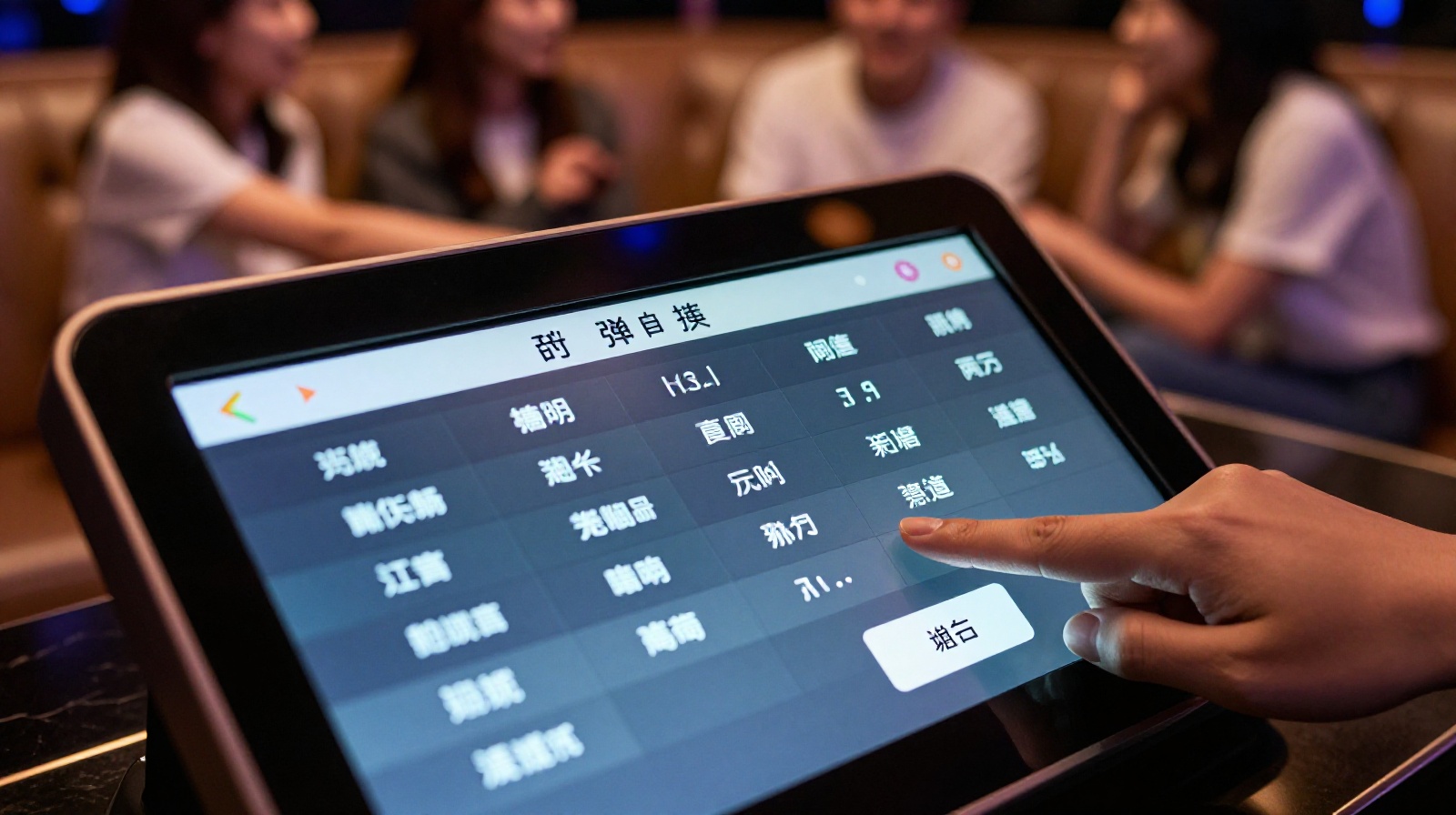 A hand hesitating before selecting a song from a KTV digital tablet, illustrating the social etiquette of point-of-order in Chinese karaoke culture.