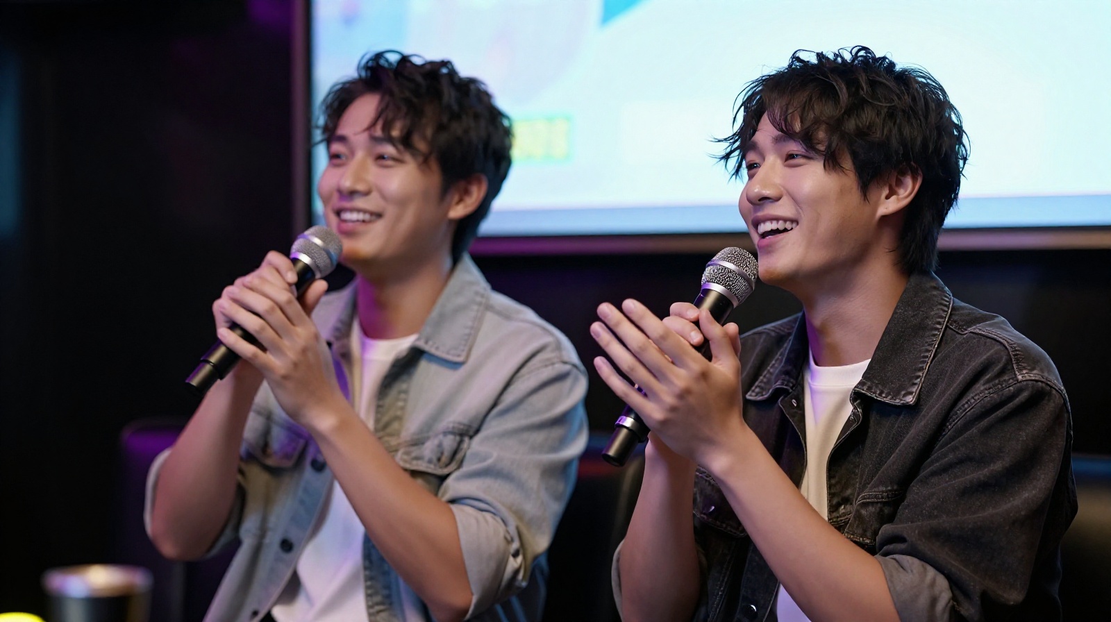 Two friends singing together in a Chinese KTV room, demonstrating the social practice of duets and mutual support during performances.
