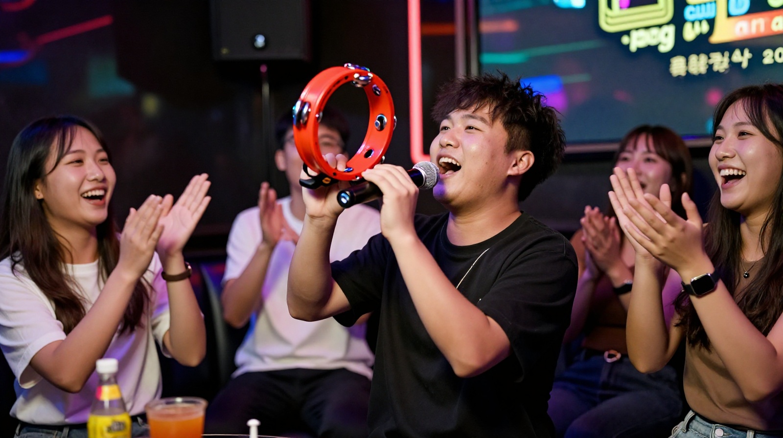 Guests cheering and clapping with tambourines during a KTV session, highlighting the importance of audience participation in Chinese social gatherings.