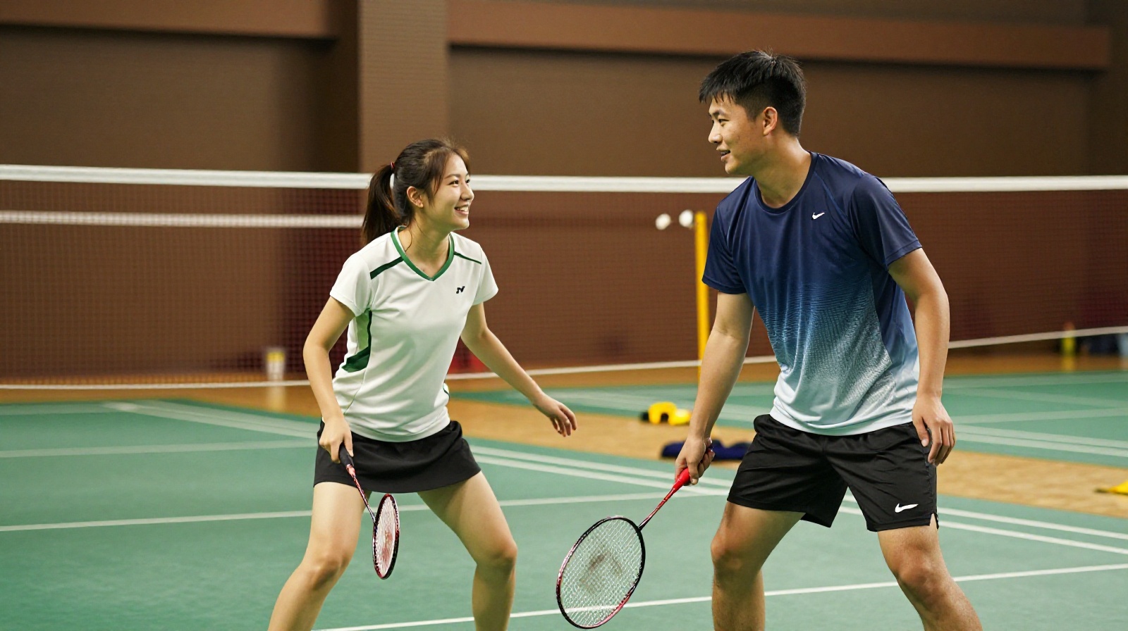 A beginner and an experienced player smiling and interacting during a mixed-level badminton match in China.