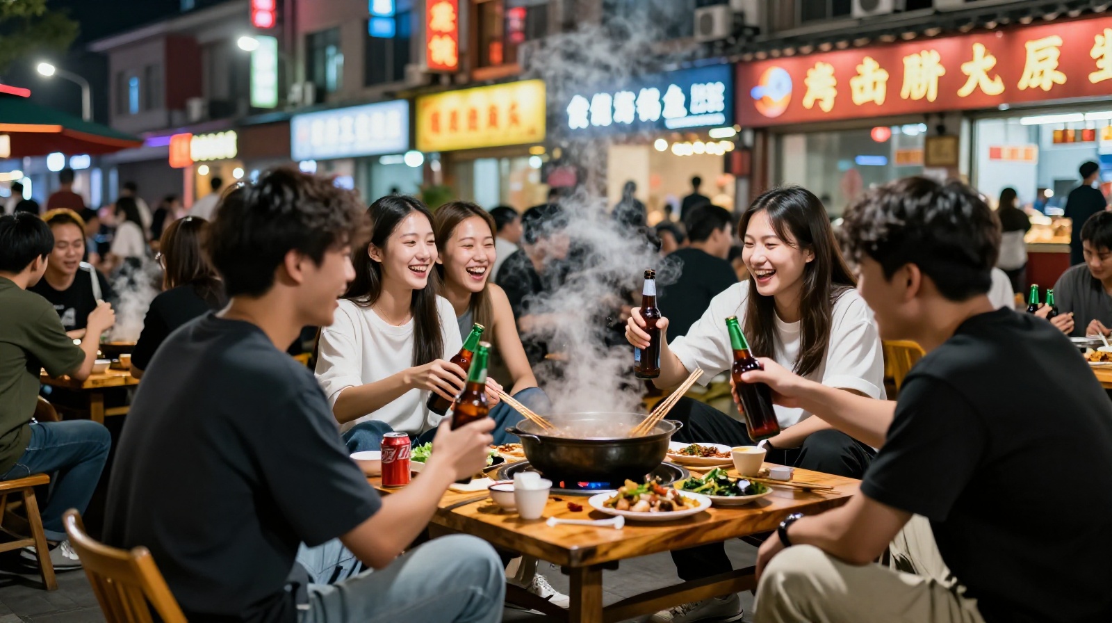 A group of young friends enjoying a late-night BBQ meal together at an outdoor street stall in China after a sports game.
