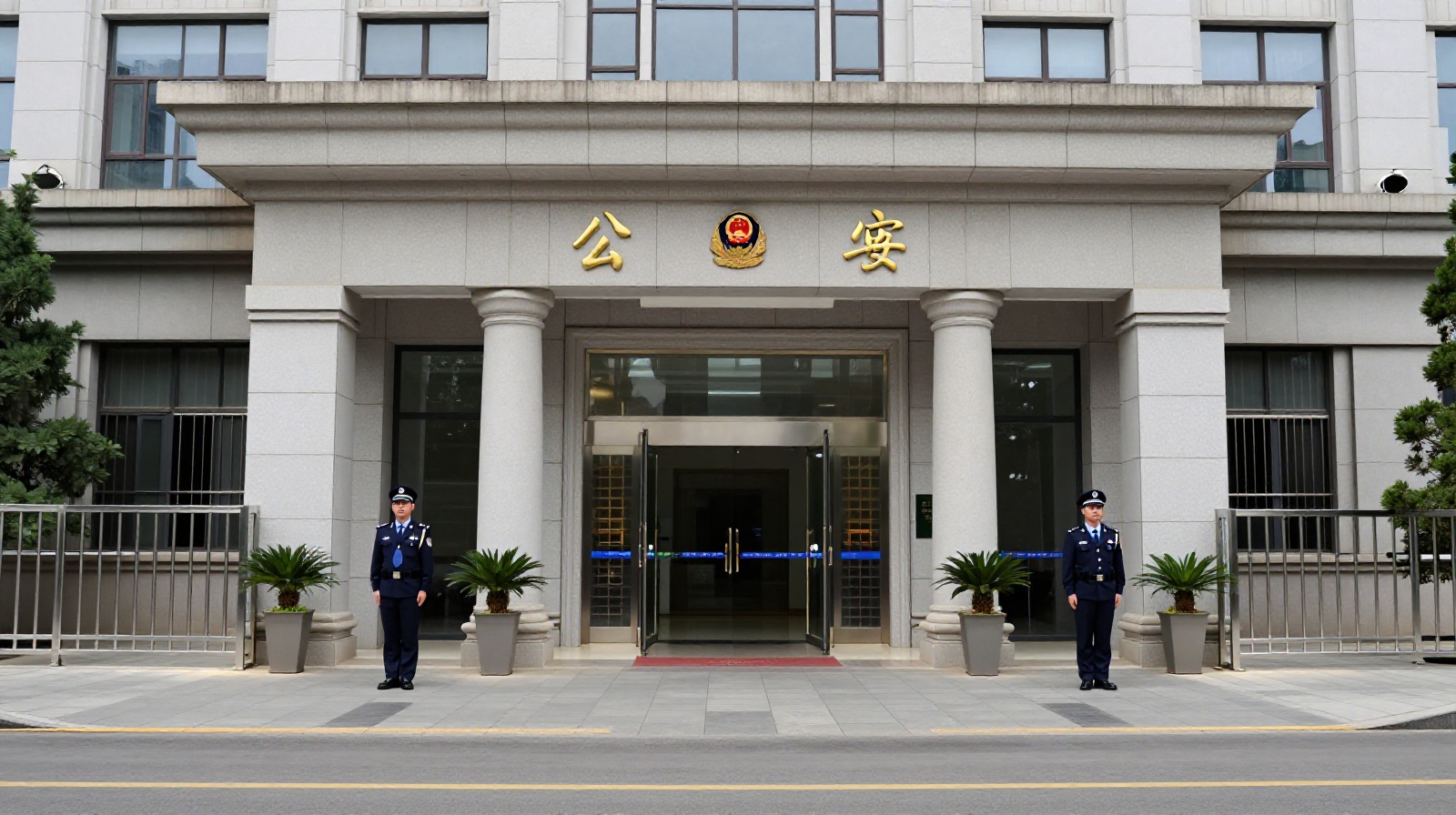 Exterior view of a Chinese government building with security presence, illustrating restricted areas for photography