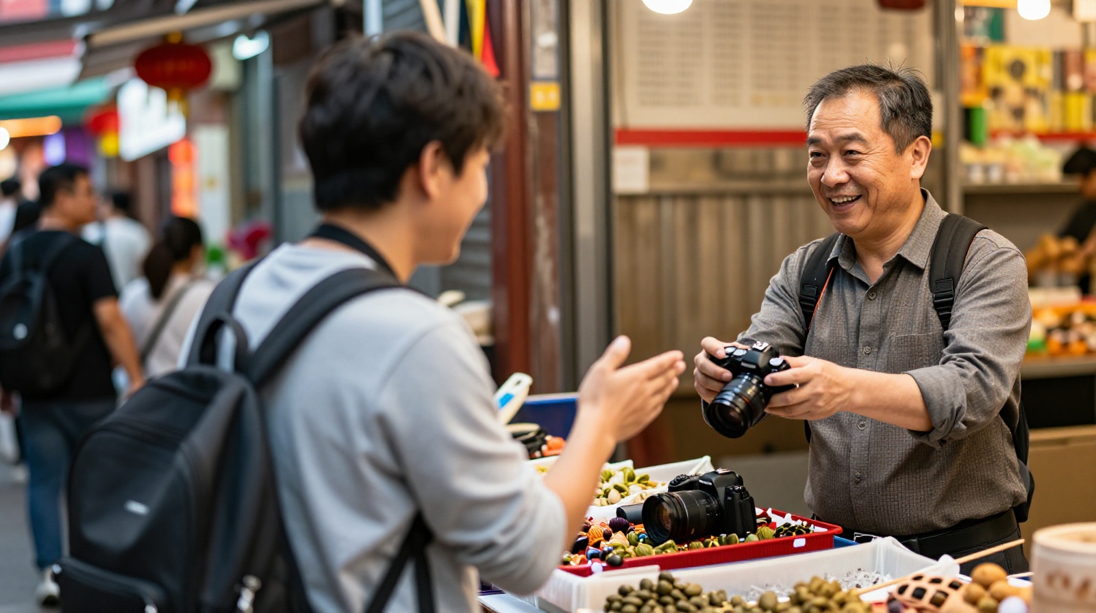 Tourist interacting with a local vendor while respecting photography etiquette on a busy Chinese street