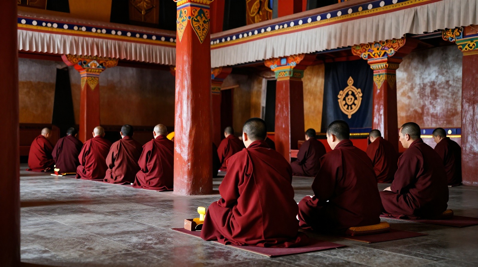 Interior of a traditional Chinese monastery showing monks in prayer, highlighting cultural sensitivity regarding photography