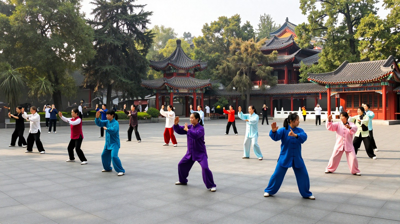 Locals practicing Tai Chi in a public square during a Chinese holiday, showing the daily life rhythm despite tourist presence.