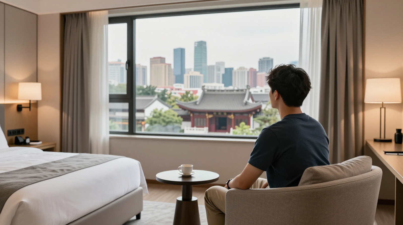 A comfortable hotel room with a view, representing affordable and quiet accommodation options during the middle of a Chinese holiday period.