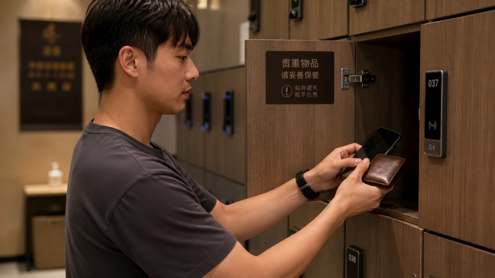 A traveler preparing to enter the wet zone by storing valuables in a locker at a Chinese bathhouse.