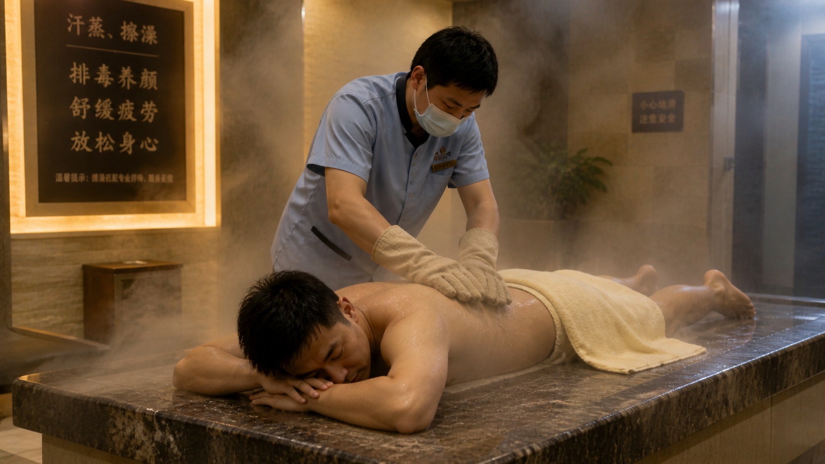 A therapist performing the traditional Chinese dry scrubbing service known as Cuo Zao.