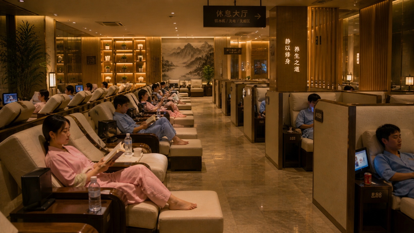 The quiet relaxation area of a Chinese bathhouse where patrons rest after bathing.